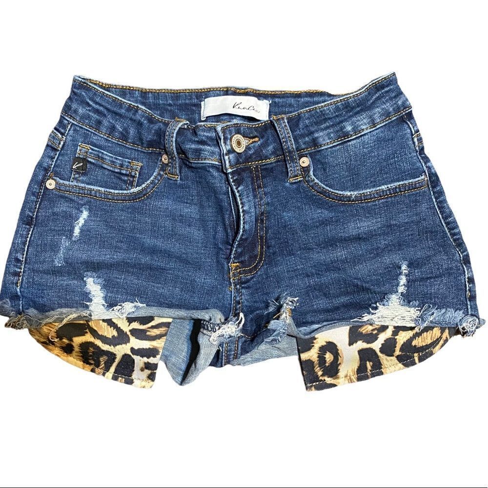 Kancan Leopard Pocket Frayed Distressed Denim Shorts Size Small